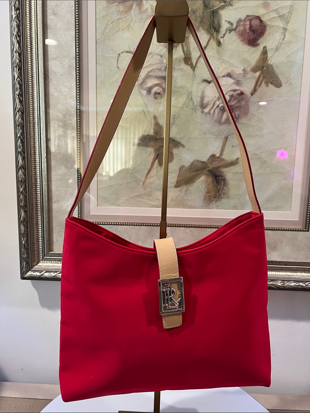 Lauren Ralph Lauren Red Shoulder Bag with Tan Strap - Picture 1 of 15